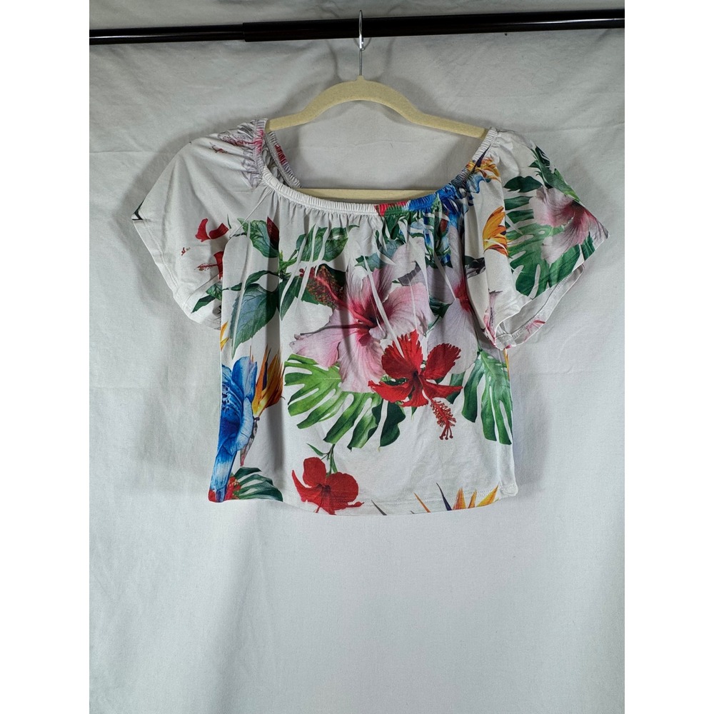 Gaze USA Womens Tropical Floral Off‎ Shoulder Crop Top White Red Blue Small